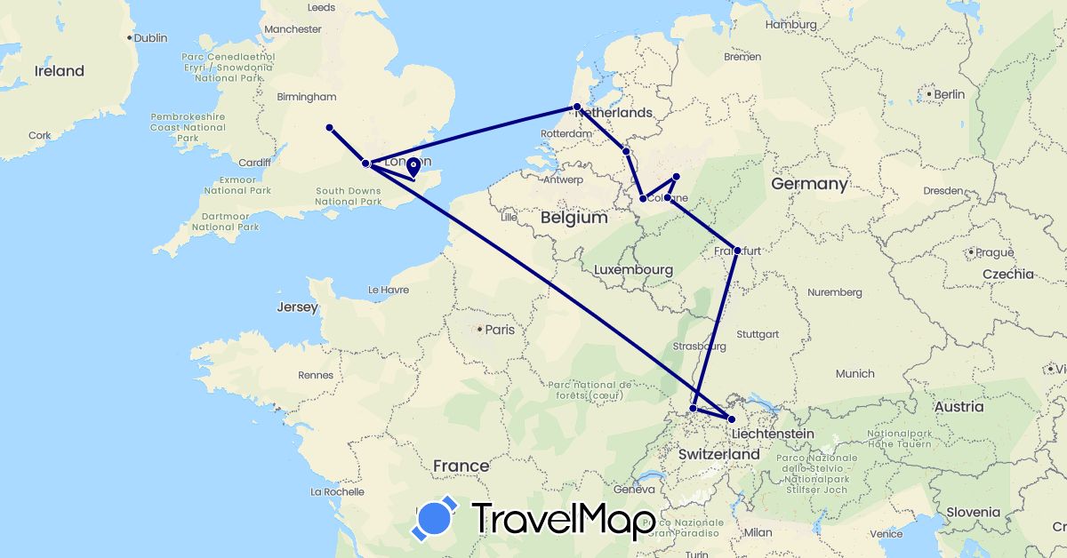 TravelMap itinerary: driving in Switzerland, Germany, United Kingdom, Netherlands (Europe)